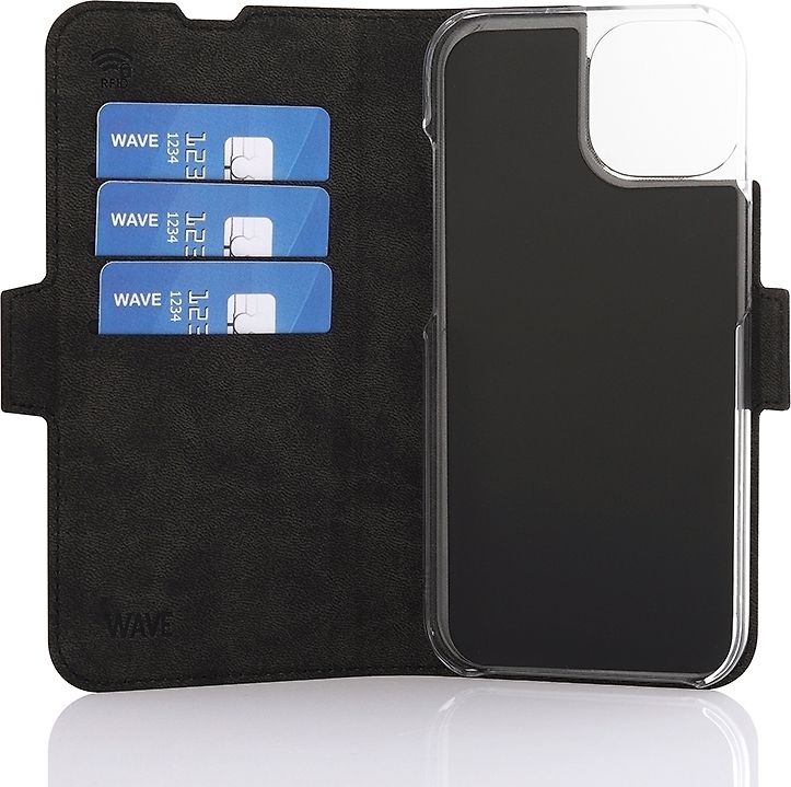 Wave BookCase -suojakotelo, MagSafe-yhteensopiva, iPhone 15, musta