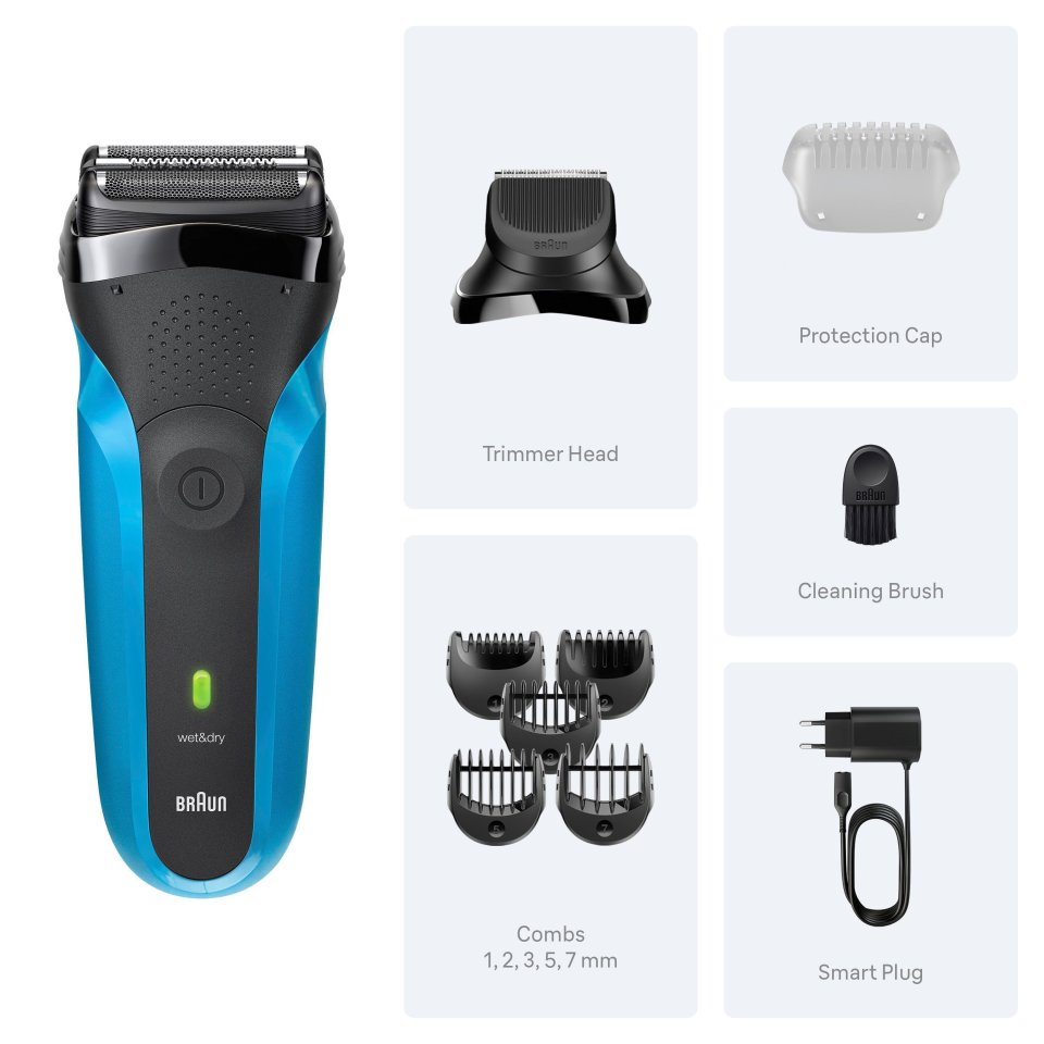 Braun Series 3, 310BT Wet&Dry -parranajokone partatrimmerilisäosalla
