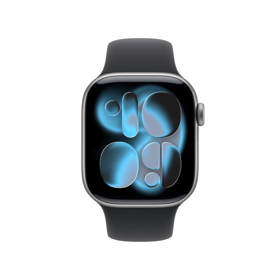 Apple Watch Series 11 (GPS) 42 mm tähtiharmaa alumiinikuori ja musta urheiluranneke, S/M