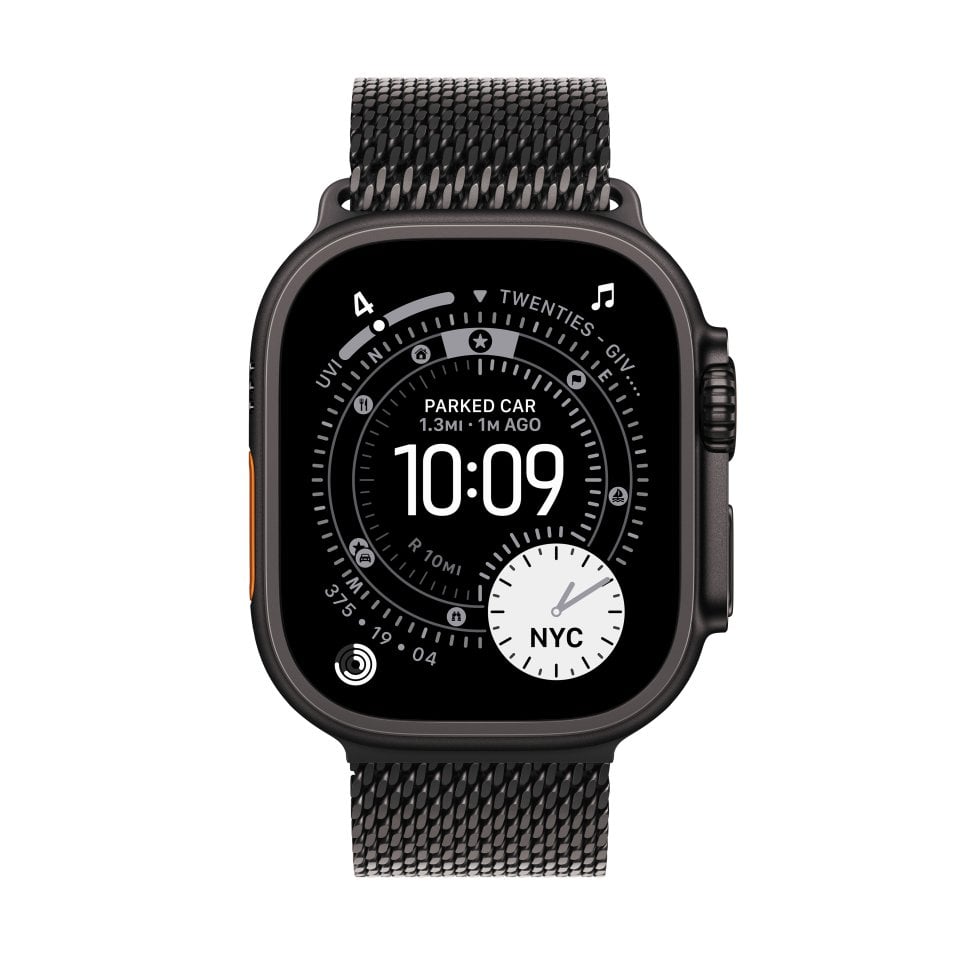 Apple Watch Ultra 3 (GPS + Cellular) 49 mm musta titaanikuori ja musta milanolaisranneke, suuri