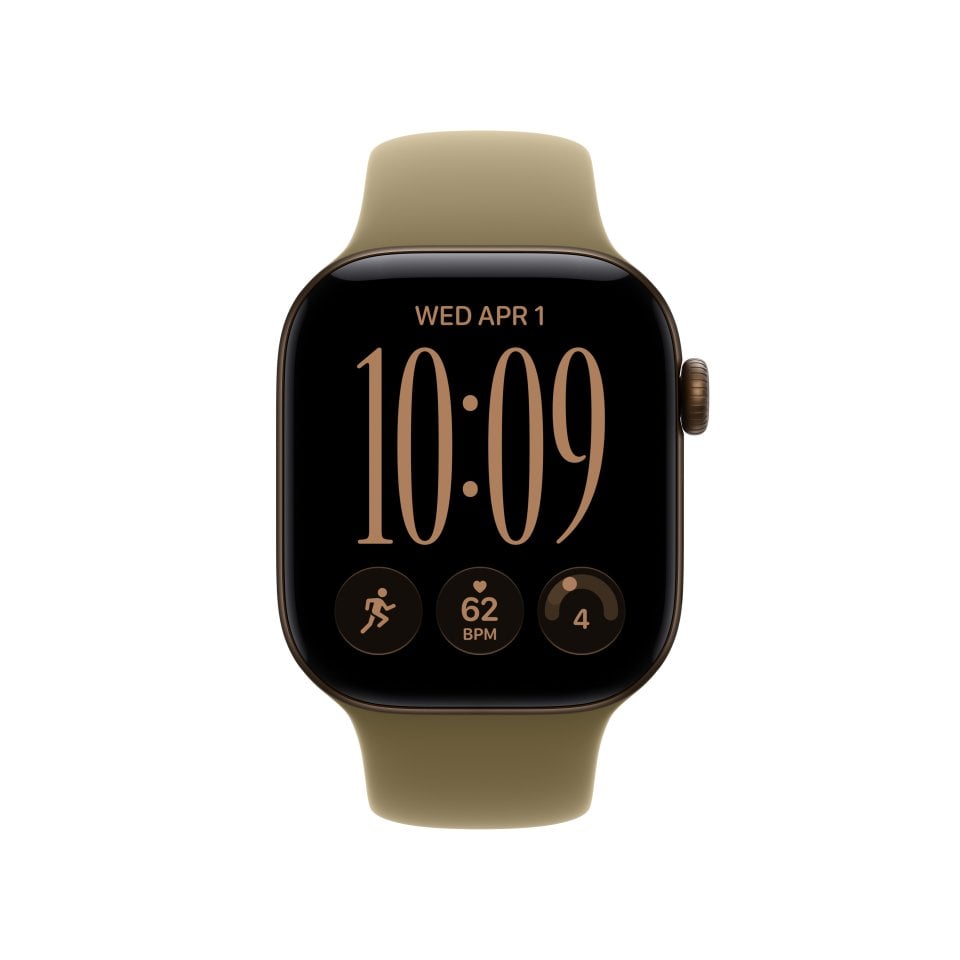 Apple Watch Series 12 (GPS) 42 mm tumma pronssi alumiinikuori ja oliivinvihreä urheiluranneke, S/M