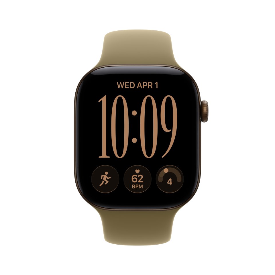 Apple Watch Series 12 (GPS + Cellular) 46 mm tumma pronssi alumiinikuori ja oliivinvihreä urheiluranneke, M/L