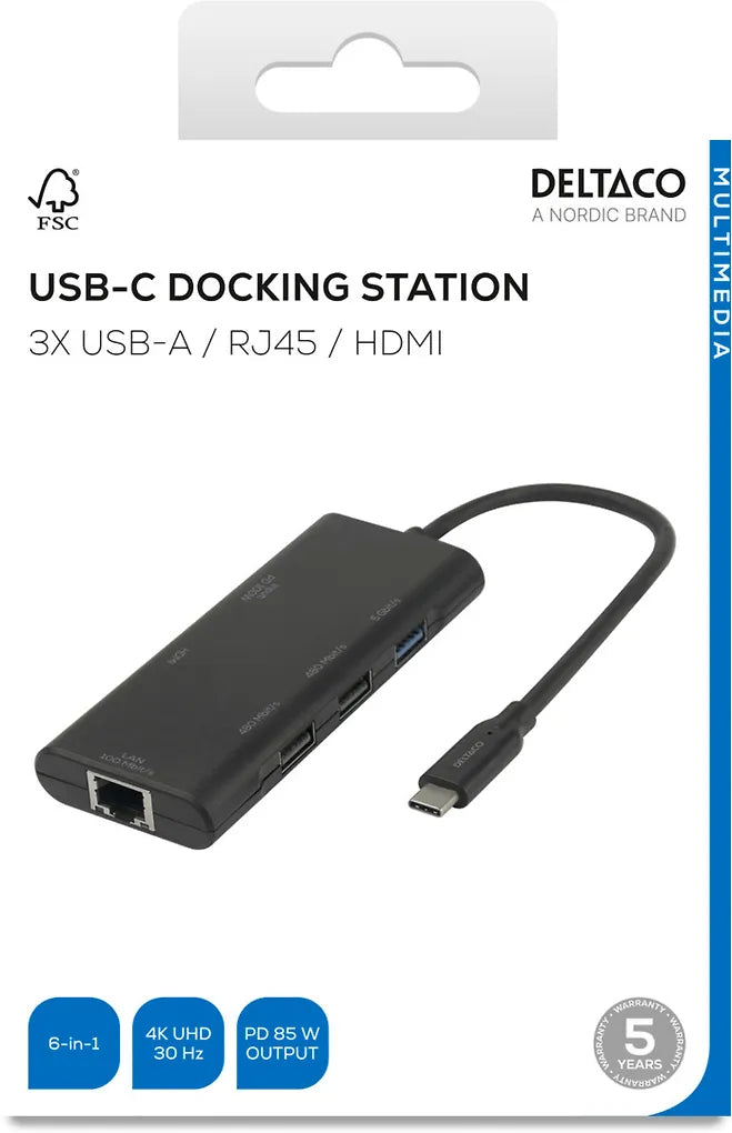 Deltaco 6-i-1 USB-C-hubb, svart