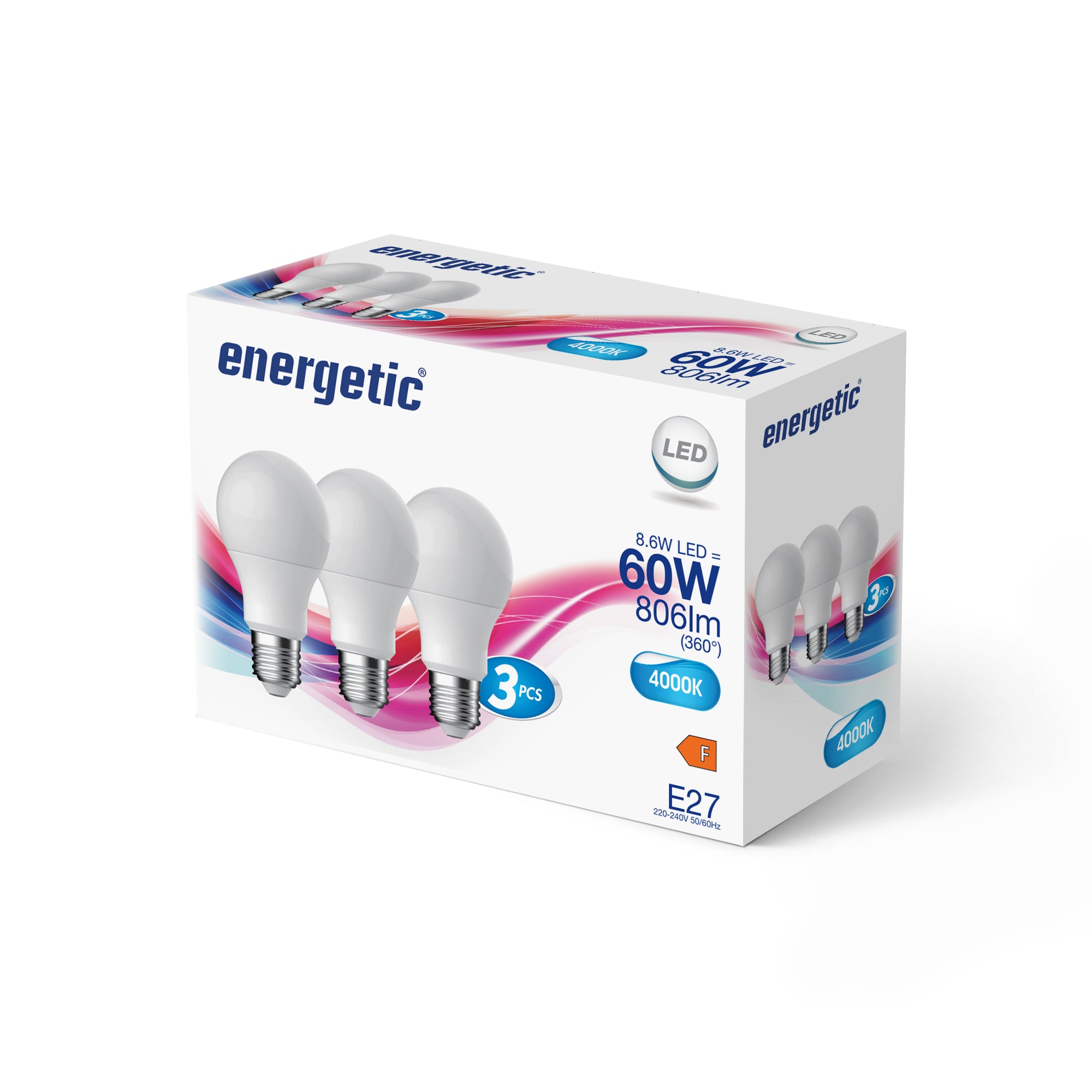E27 A60 4000K 806lm huurre 3-pack