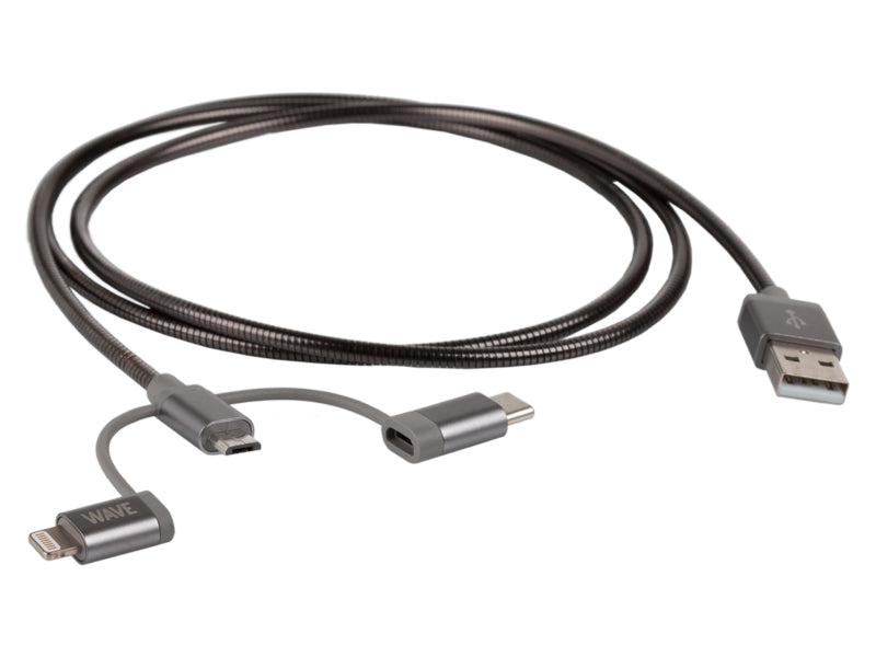 WAVE STEEL-DATAKABEL, TYP-C / MICROUSB / APPLE LIGHTNING® (MFI), 1M, MÖRKGRÅ