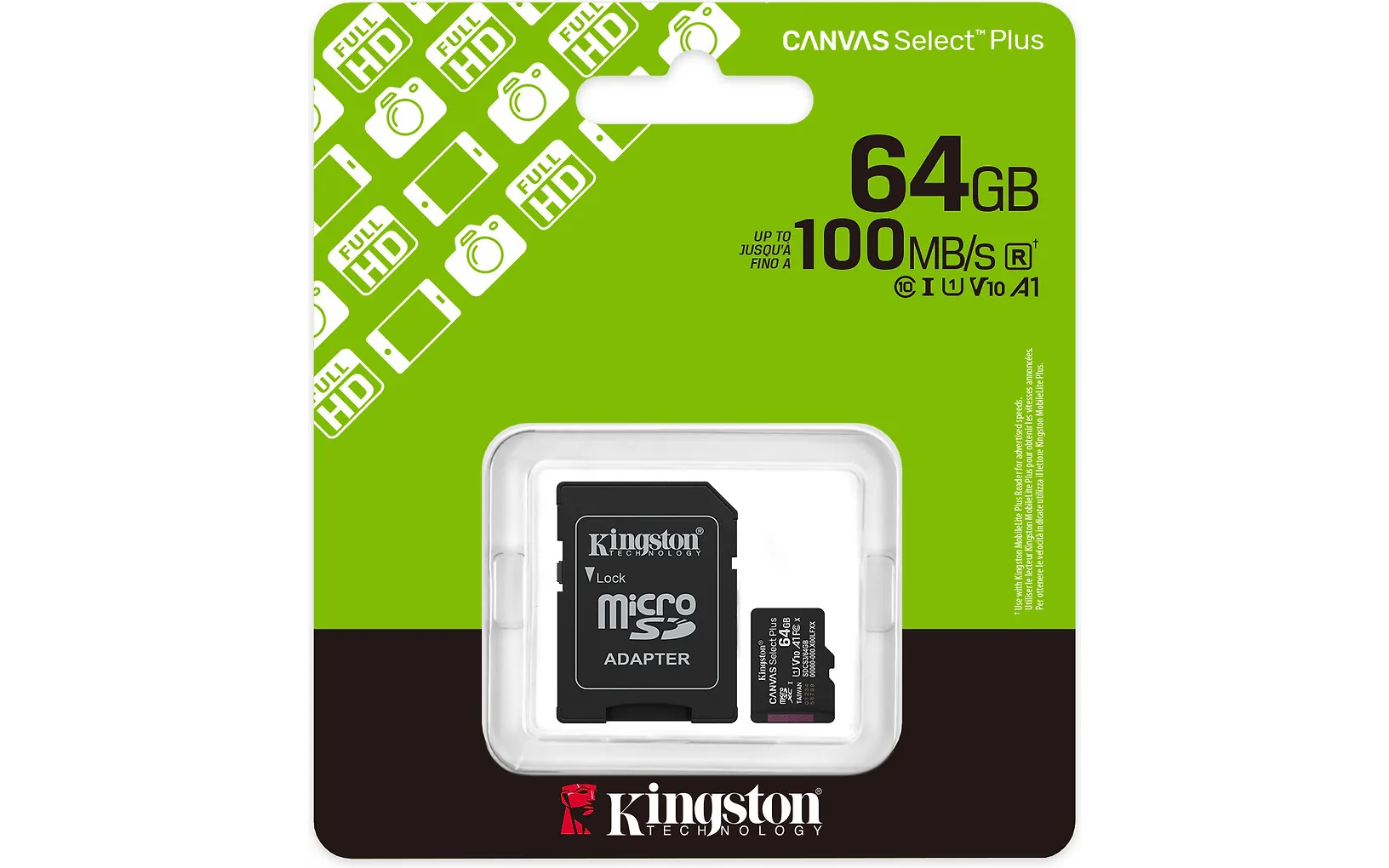 Kingston 64 Gt Canvas Select Plus Gen3 UHS-I microSD muistikortti + SD-adapteri