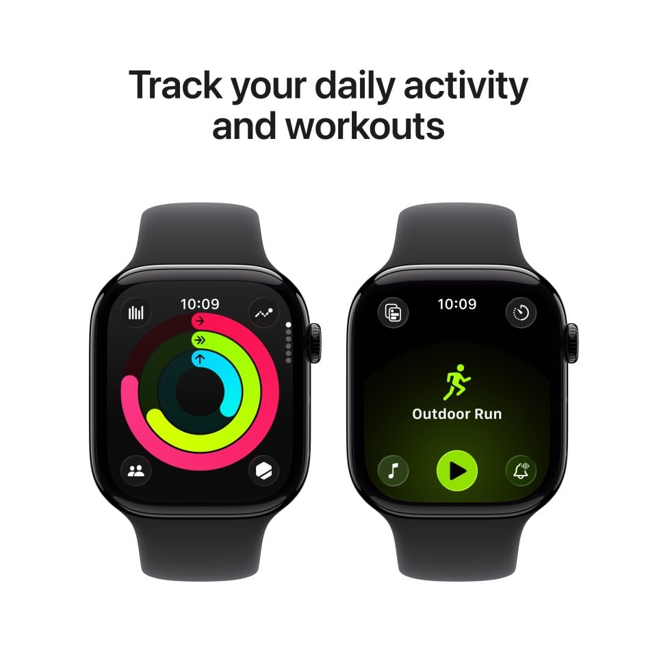 Apple Watch Series 11 (GPS) 46 mm peilimusta alumiinikuori ja musta urheiluranneke, S/M