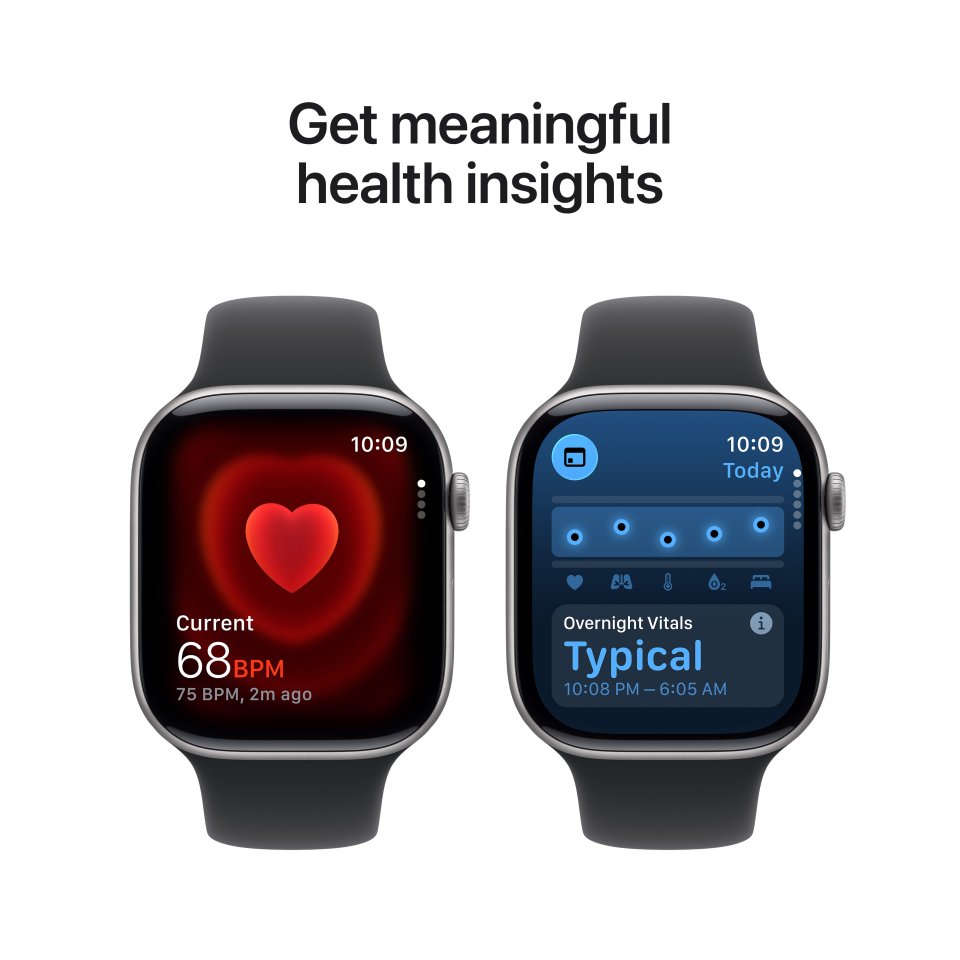 Apple Watch Series 11 (GPS) 46 mm tähtiharmaa alumiinikuori ja musta urheiluranneke, M/L