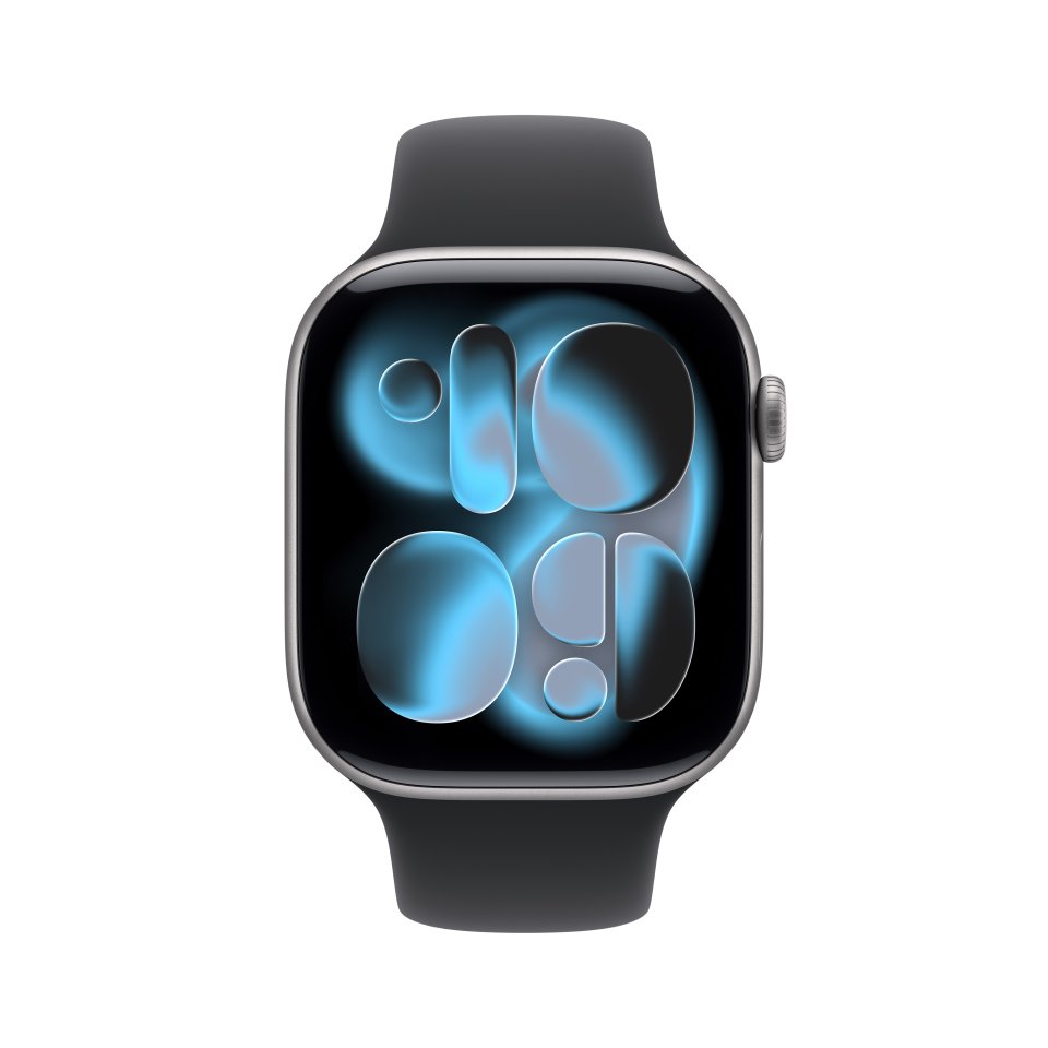 Apple Watch Series 11 (GPS) 46 mm tähtiharmaa alumiinikuori ja musta urheiluranneke, M/L