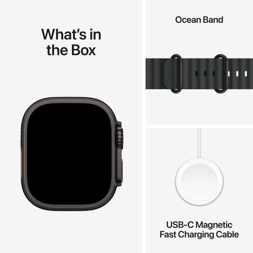 Apple Watch Ultra 3 (GPS + Cellular) 49 mm musta titaanikuori ja musta Ocean-ranneke