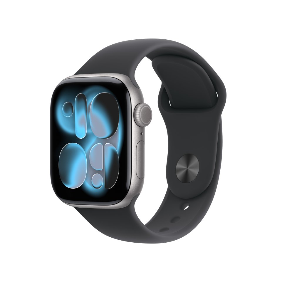 Apple Watch Series 11 (GPS) 42 mm tähtiharmaa alumiinikuori ja musta urheiluranneke, S/M