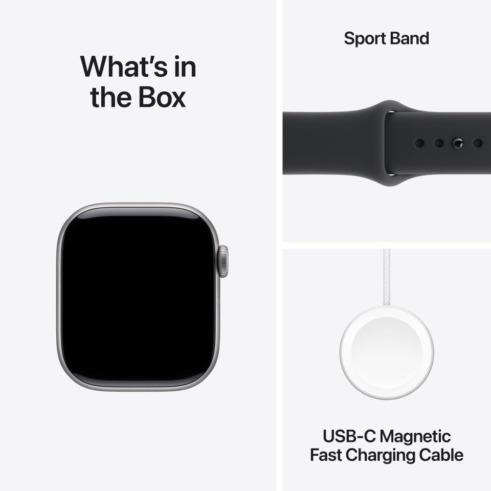Apple Watch Series 11 (GPS) 42 mm tähtiharmaa alumiinikuori ja musta urheiluranneke, S/M
