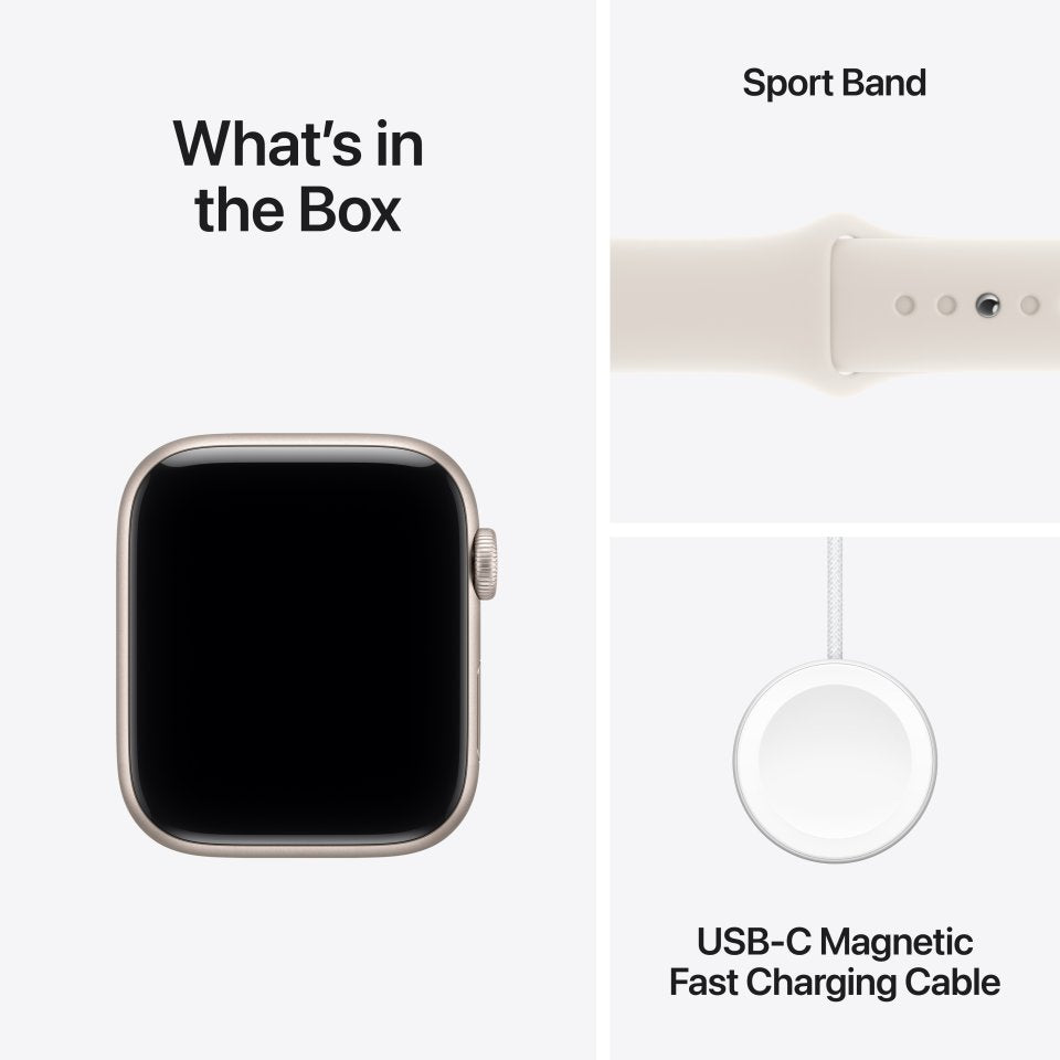 Apple Watch SE 3 (GPS) 44 mm tähtivalkea alumiinikuori ja tähtivalkea urheiluranneke, M/L