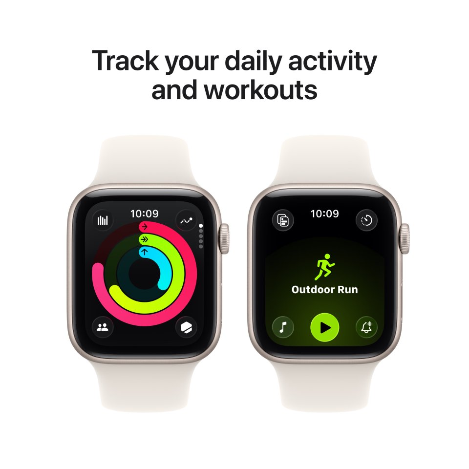 Apple Watch SE 3 (GPS) 44 mm tähtivalkea alumiinikuori ja tähtivalkea urheiluranneke, M/L