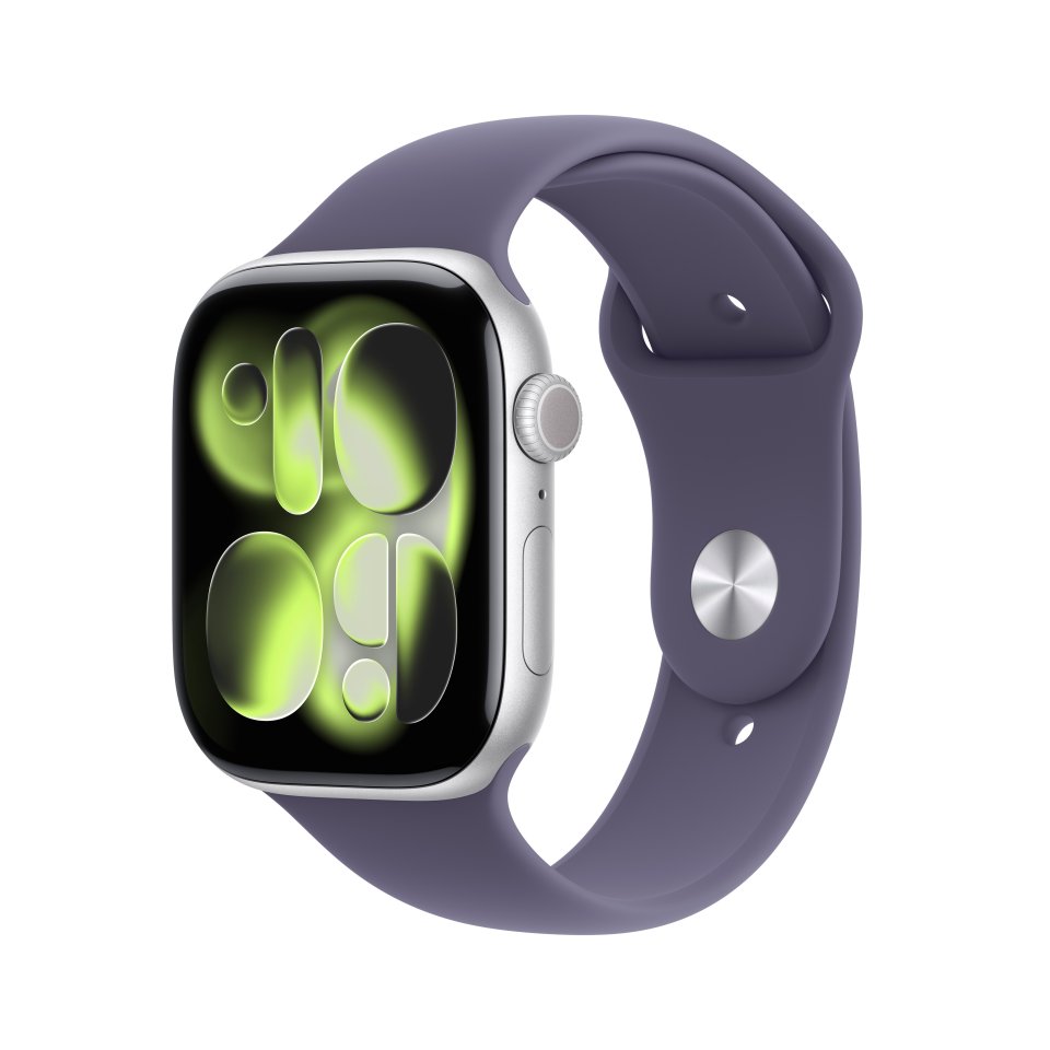 Apple Watch Series 11 (GPS) 46 mm hopea alumiinikuori ja usvanvioletti urheiluranneke, M/L