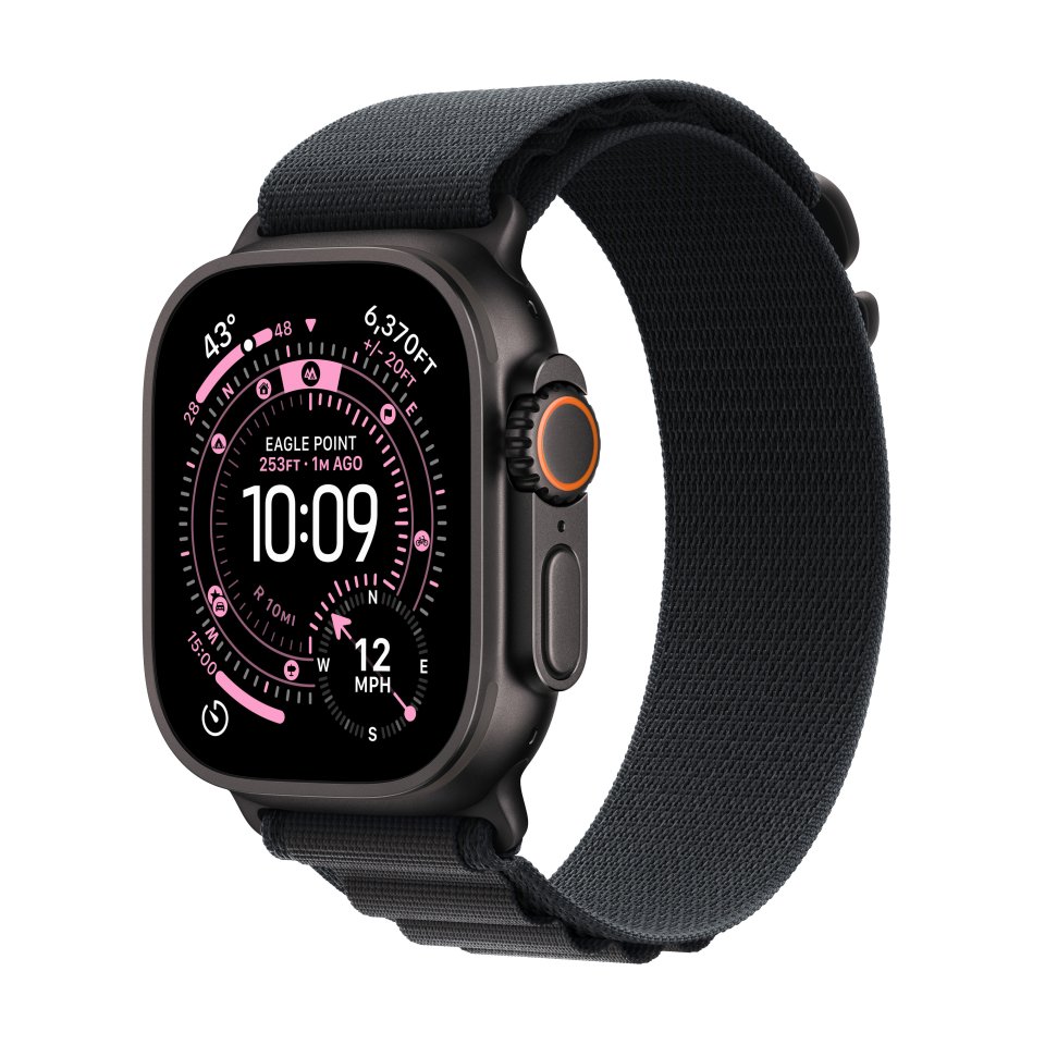 Apple Watch Ultra 3 (GPS + Cellular) 49 mm musta titaanikuori ja musta Alpine-ranneke, keskikokoinen