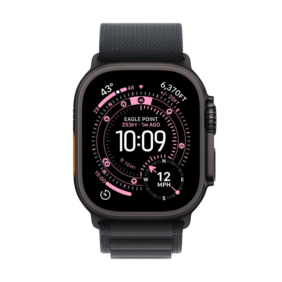 Apple Watch Ultra 3 (GPS + Cellular) 49 mm musta titaanikuori ja musta Alpine-ranneke, keskikokoinen