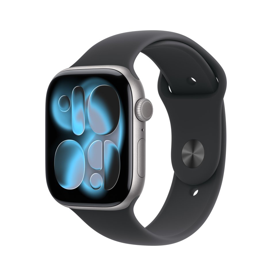 Apple Watch Series 11 (GPS + Cellular) 46 mm tähtiharmaa alumiinikuori ja musta urheiluranneke, M/L