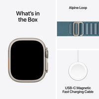 Apple Watch Ultra 3 (GPS + Cellular) 49 mm luonnonvaalea titaanikuori ja vaaleansininen Alpine-ranneke, keskikokoinen