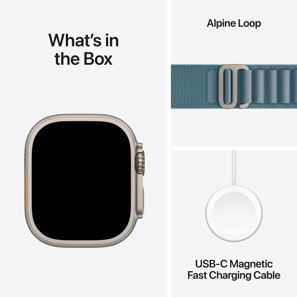 Apple Watch Ultra 3 (GPS + Cellular) 49 mm luonnonvaalea titaanikuori ja vaaleansininen Alpine-ranneke, keskikokoinen