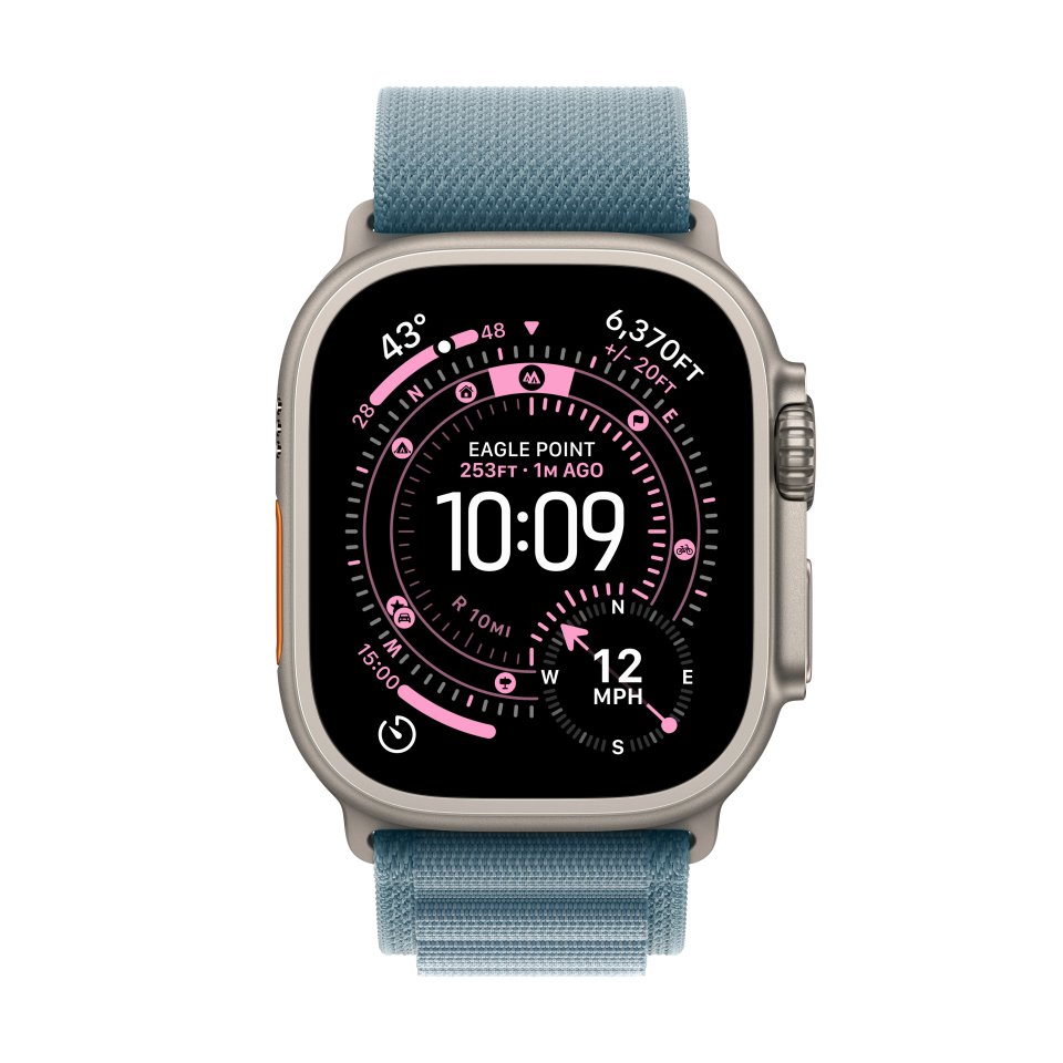 Apple Watch Ultra 3 (GPS + Cellular) 49 mm luonnonvaalea titaanikuori ja vaaleansininen Alpine-ranneke, keskikokoinen