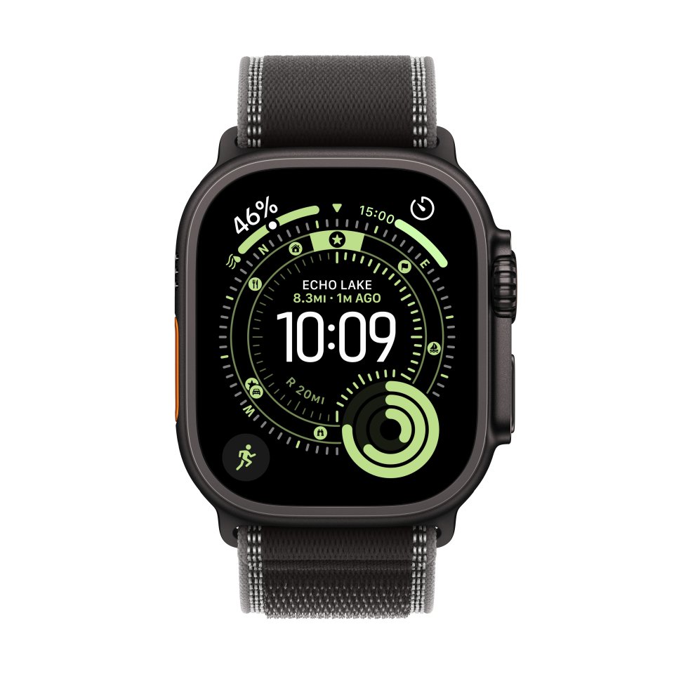 Apple Watch Ultra 3 (GPS + Cellular) 49 mm musta titaanikuori ja musta Trail-ranneke, M/L