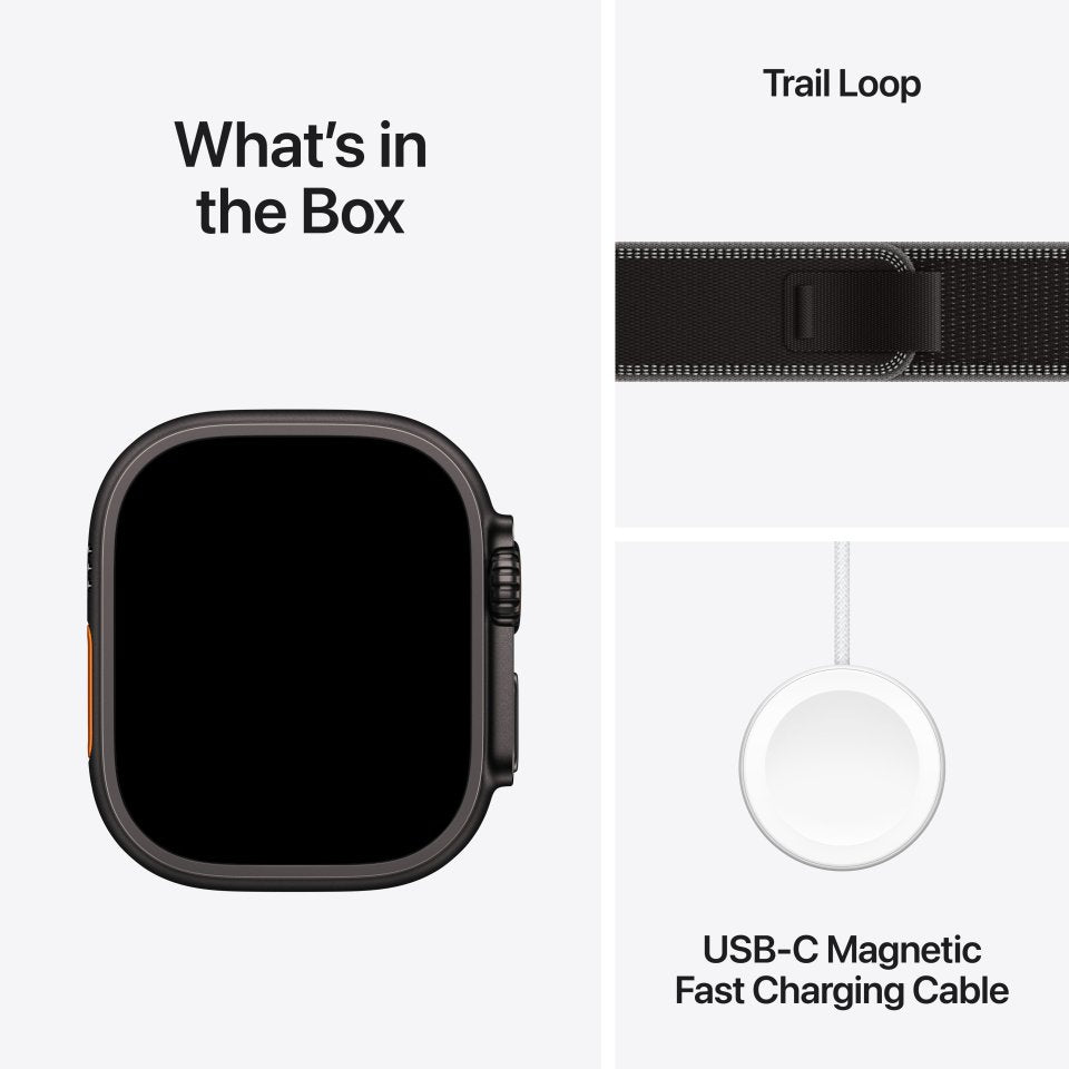 Apple Watch Ultra 3 (GPS + Cellular) 49 mm musta titaanikuori ja musta Trail-ranneke, M/L