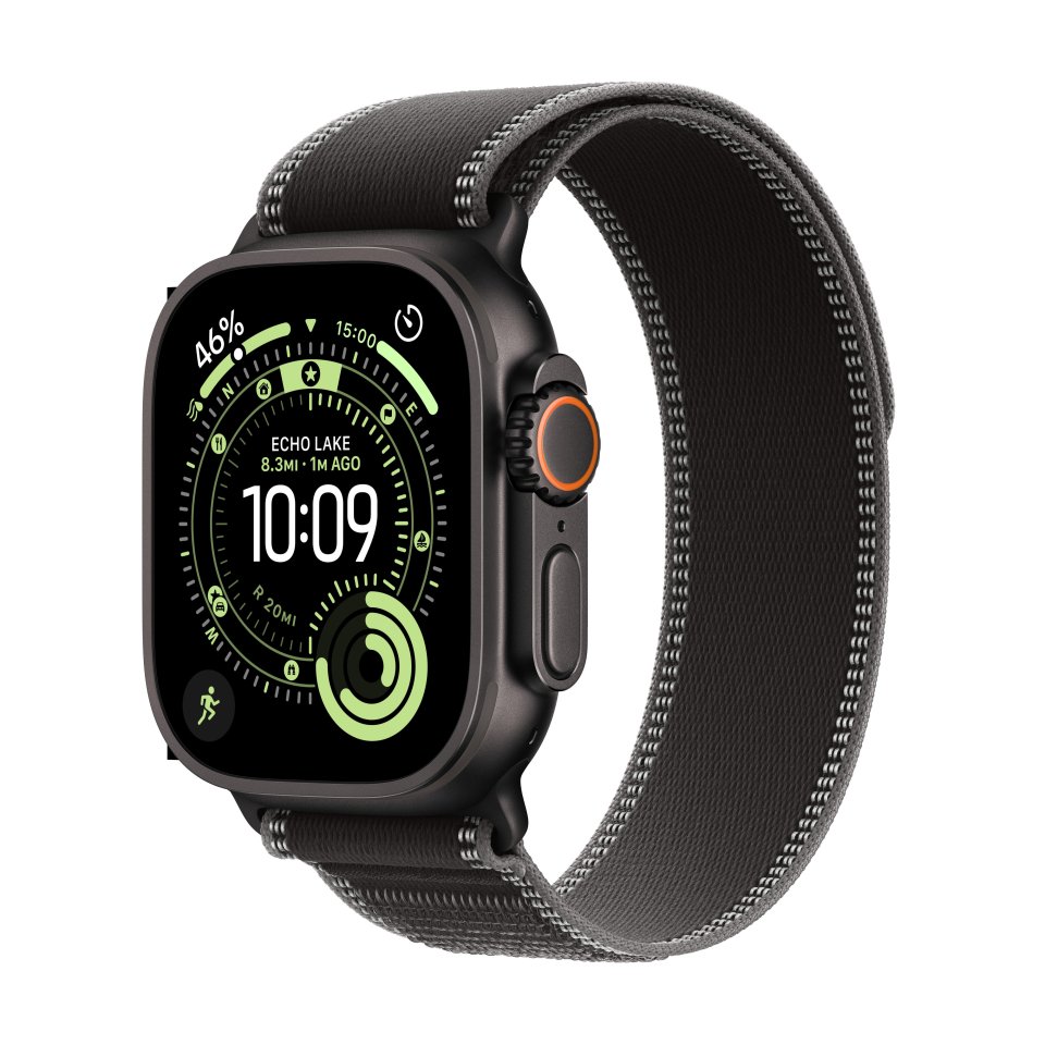 Apple Watch Ultra 3 (GPS + Cellular) 49 mm musta titaanikuori ja musta Trail-ranneke, M/L