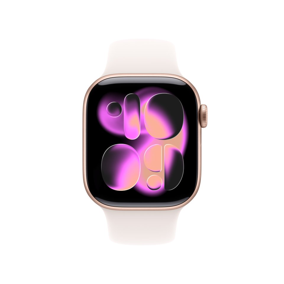Apple Watch Series 11 (GPS + Cellular) 42 mm ruusukulta alumiinikuori ja punanhäivä urheiluranneke, S/M