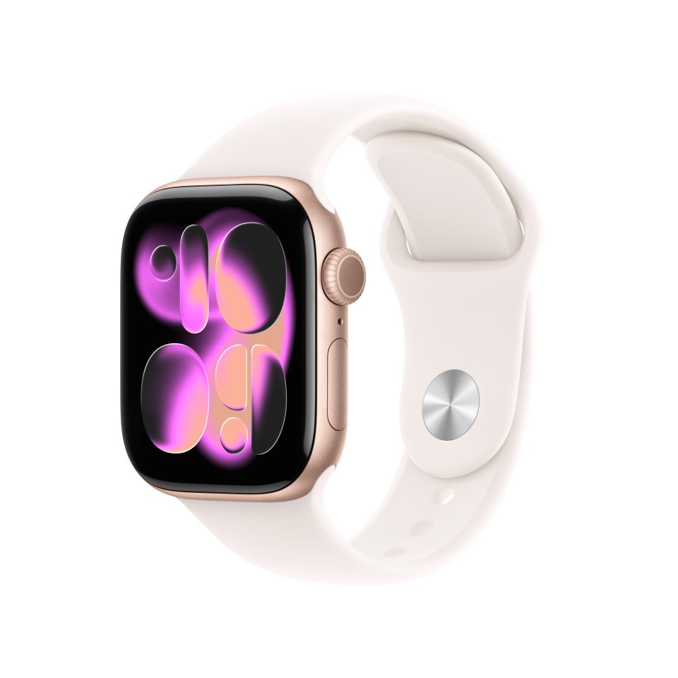 Apple Watch Series 11 (GPS + Cellular) 42 mm ruusukulta alumiinikuori ja punanhäivä urheiluranneke, S/M