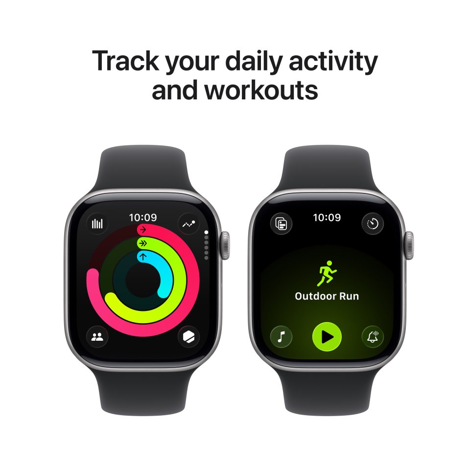 Apple Watch Series 11 (GPS) 46 mm tähtiharmaa alumiinikuori ja musta urheiluranneke, S/M