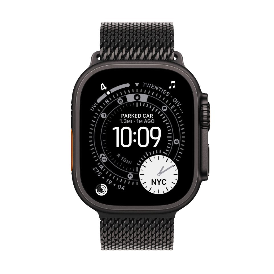 Apple Watch Ultra 3 (GPS + Cellular) 49 mm musta titaanikuori ja musta milanolaisranneke, keskikokoinen