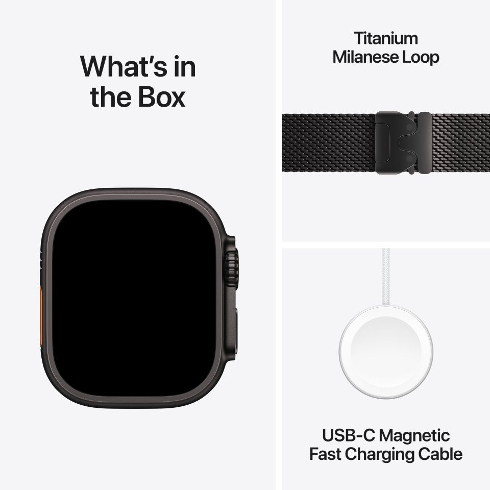 Apple Watch Ultra 3 (GPS + Cellular) 49 mm musta titaanikuori ja musta milanolaisranneke, suuri