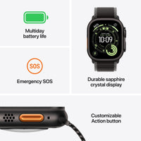 Apple Watch Ultra 3 (GPS + Cellular) 49 mm musta titaanikuori ja musta milanolaisranneke, suuri