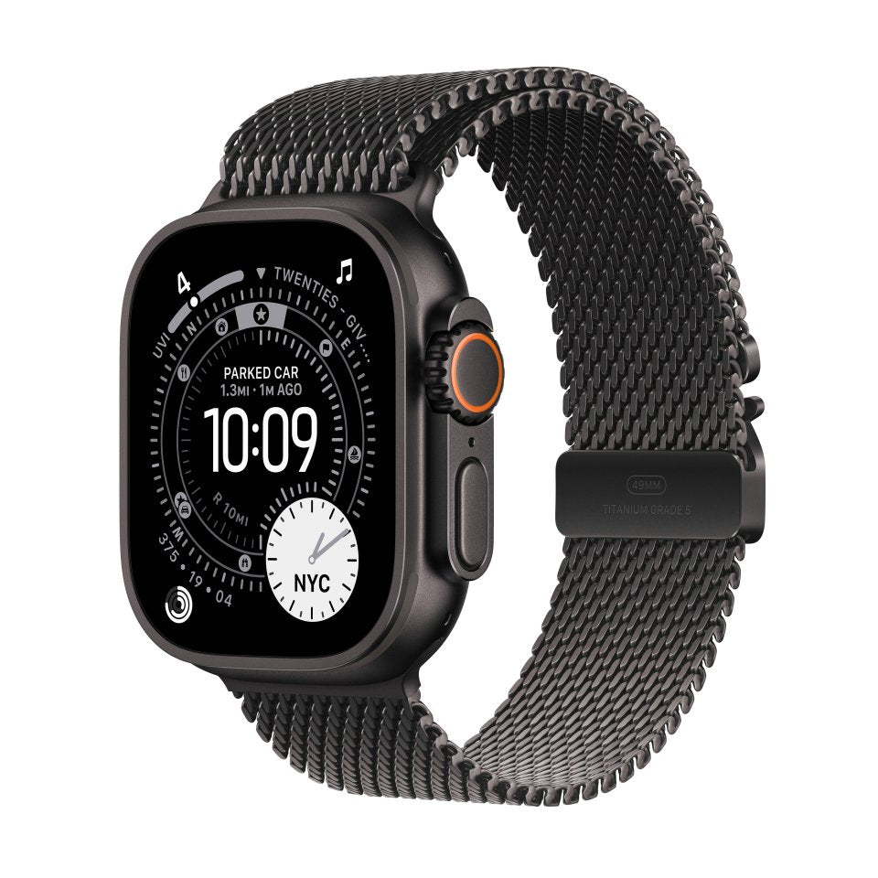 Apple Watch Ultra 3 (GPS + Cellular) 49 mm musta titaanikuori ja musta milanolaisranneke, keskikokoinen