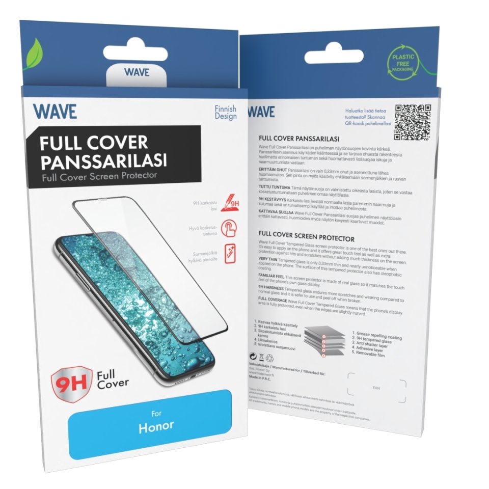 Wave Full Cover panssarilasi, Honor X5c Plus, musta kehys