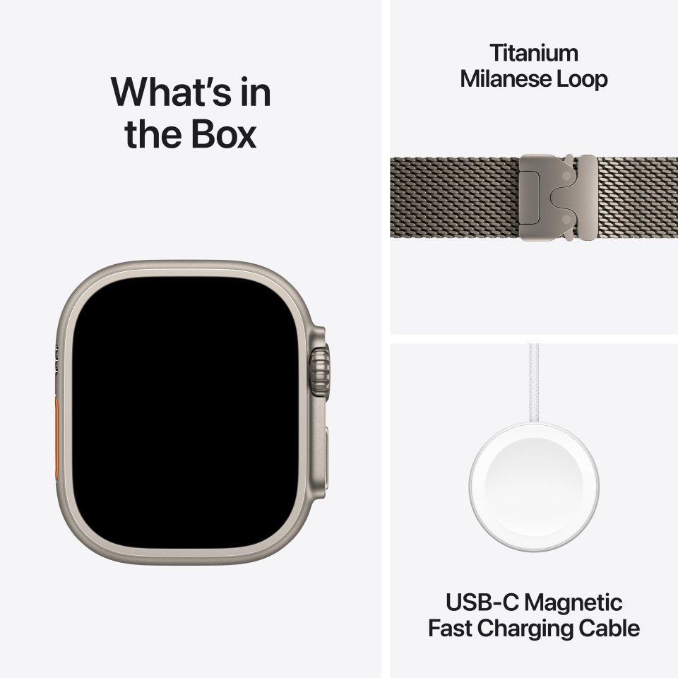 Apple Watch Ultra 3 (GPS + Cellular) 49 mm luonnonvaalea titaanikuori ja luonnonvaalea milanolaisranneke, keskikokoinen