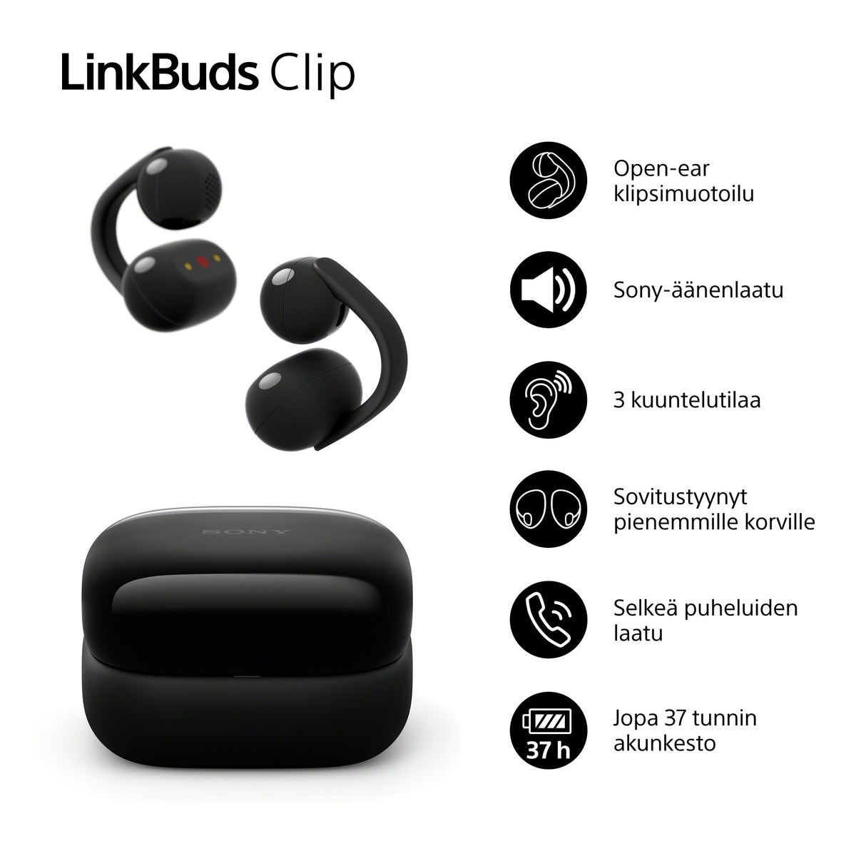 Sony LinkBuds Clip open-ear kuulokkeet, musta – kuva 2
