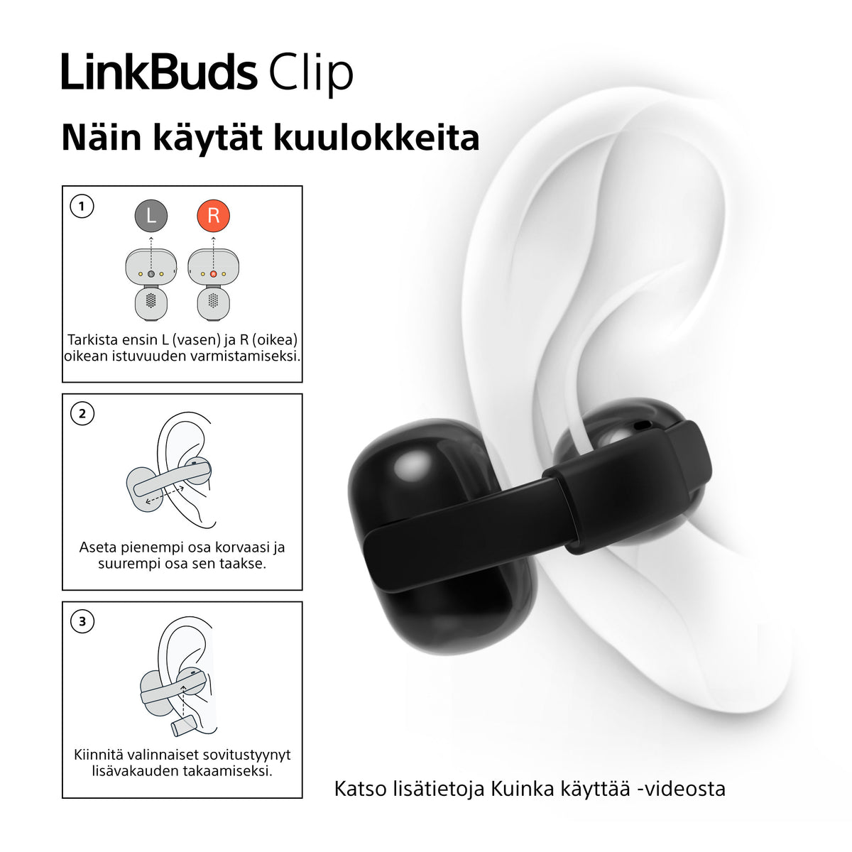 Sony LinkBuds Clip open-ear kuulokkeet, musta – kuva 13
