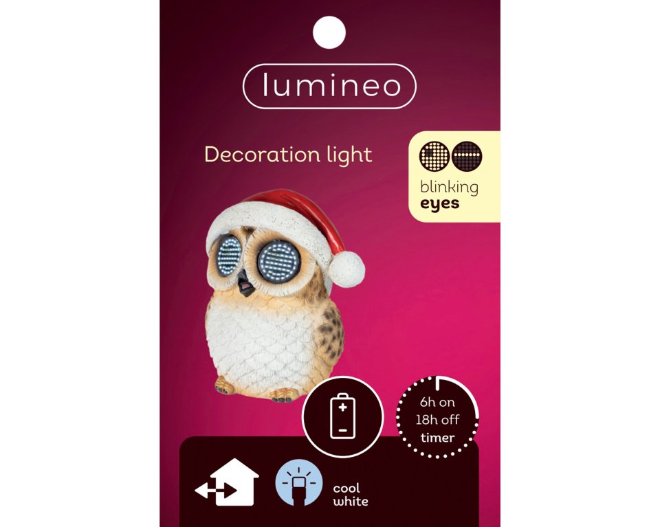 Lumineo LED-pöllökoriste liikkuvilla valosilmillä, 15 cm, sisä- ja ulkokäyttöön