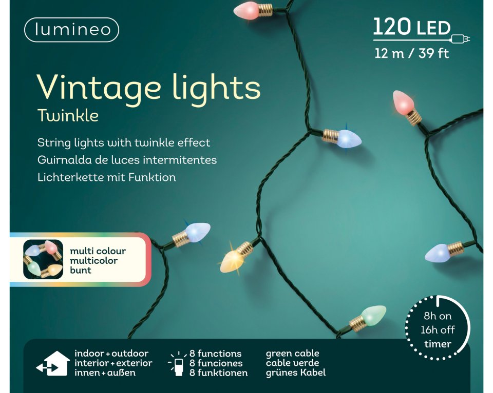 Lumineo Retro twinkle koristevalosarja, monivärinen, 11,9 metriä, sisä- ja ulkokäyttöön