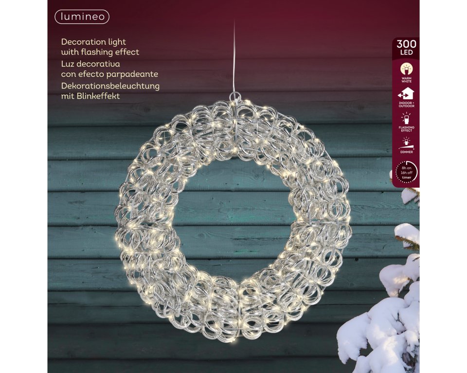Lumineo hopeinen LED-valokranssi valoilla, 40 cm, sisä- ja ulkokäyttöön