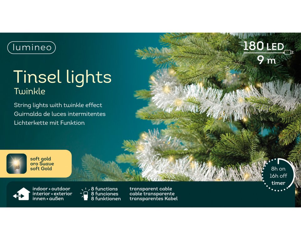 Lumineo LED twinkle tinsel koristenauha valoilla, 5 metriä, lämminvalkoinen