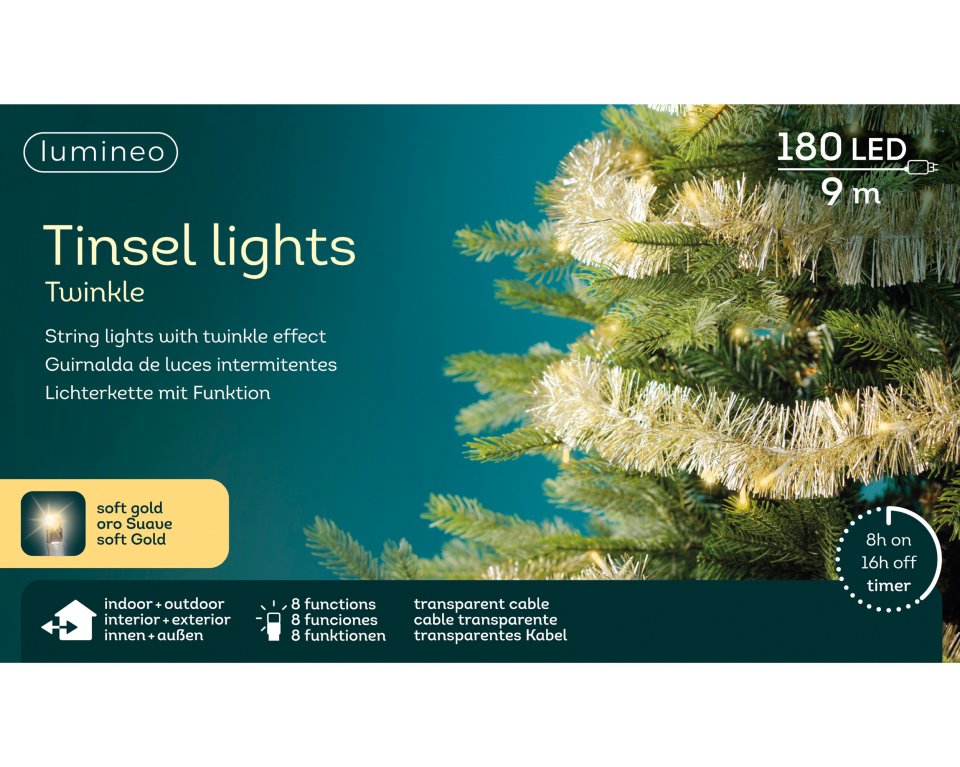 Lumineo LED twinkle tinsel koristenauha valoilla, 5 metriä,  lämminvalkoinen
