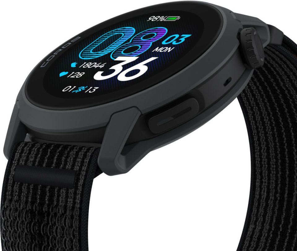 Coros Watch Pace 4 urheilukello, musta nailonrannekkeella