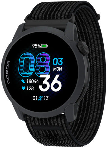 Coros Watch Pace 4 urheilukello, musta nailonrannekkeella