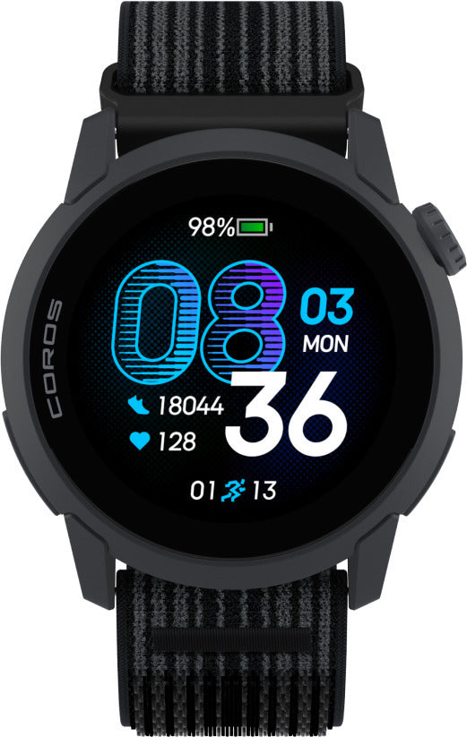 Coros Watch Pace 4 urheilukello, musta nailonrannekkeella