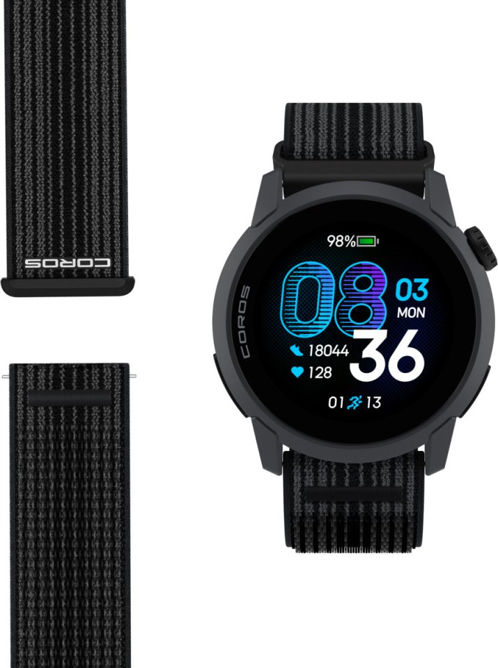 Coros Watch Pace 4 urheilukello, musta nailonrannekkeella