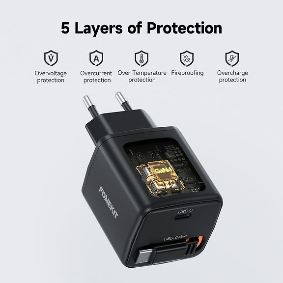FoneKit GaN PD 65W USB-C laturi sisäänvedettävällä kaapelilla, musta – kuva 10