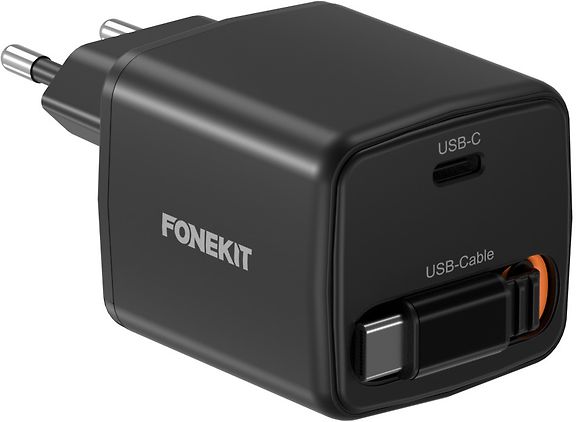 FoneKit GaN PD 65W USB-C laturi sisäänvedettävällä kaapelilla, musta – kuva 2
